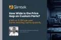 Dark industrial-themed banner showing a CNC machining workshop with technical drawings in the foreground. Overlaid text asks ‘How wide is the price gap on custom parts?’ with an example comparing £380 and £1,280 per part. Qimtek logo and author information for Dean Munkley are shown