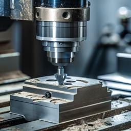 Close-up of a CNC milling machine spindle machining a metal workpiece clamped in a vise, with metal shavings on the machine bed.