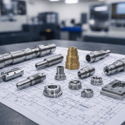A selection of precision sliding head turned components made from stainless steel and brass are arranged on detailed engineering drawings in a modern machine shop. The parts include long slender shafts, threaded fittings, stepped pins, and small precision-turned components, with blurred CNC machinery visible in the background.