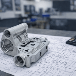 Complex multi-axis CNC machined aluminium component on engineering drawings with a calculator, blurred machine shop in background.