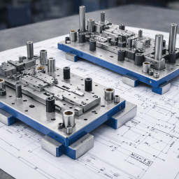 Two precision steel press tool assemblies mounted on blue bases positioned on top of detailed engineering drawings in a workshop setting.