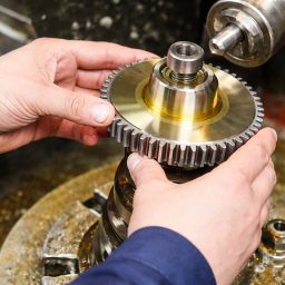 Close-up of machinist installing a steel gear with brass hub onto a spindle in a workshop setting.