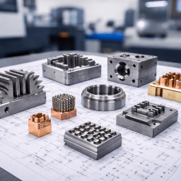Selection of precision EDM spark eroded steel and copper components displayed on engineering drawings in a modern machine shop.