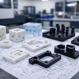 Machined plastic components in white, black and translucent materials arranged on engineering drawings, with a blurred CNC machine shop in the background.