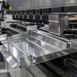 Black-overall operator using a press brake to form a stainless steel sheet metal enclosure in a fabrication workshop, with the folded enclosure section positioned under the tooling.