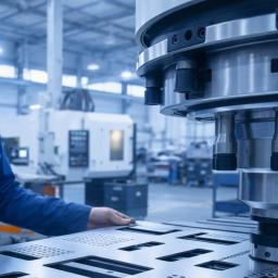 A bearded factory worker in blue overalls stands beside a CNC punching machine, guiding a perforated metal sheet in a workshop with a light blue tint.
