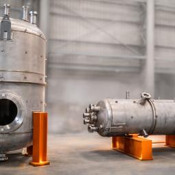 Two large stainless steel pressure vessels stand in a factory, with orange support sections and a softly blurred workshop background.