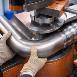 Close-up of a stainless steel tube being bent on an industrial machine, with a worker’s gloved hands guiding the pipe against orange tooling in a modern workshop.