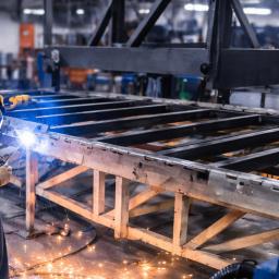 Welder seated on a stool fabricating a large steel frame in a workshop, with bright blue arc light and orange sparks illuminating the industrial environment.