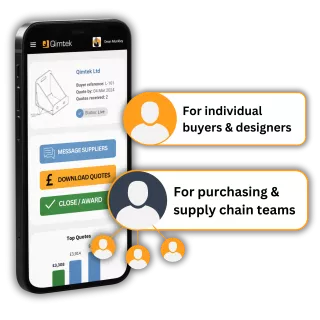 Qimtek mobile sourcing platform showing quote management for individual buyers, designers, and purchasing teams