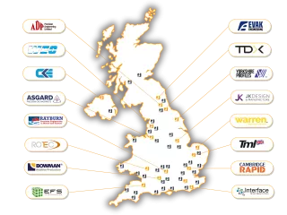 This is a mpa of the UK with show various logos and a rough location of engineering companies that are or were Qimtek suppleir members