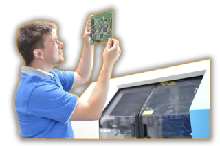 This is an image of a person standing next to a surface mount machine looking at a printed circuit board - Services Qimtek supplier members can offer.
