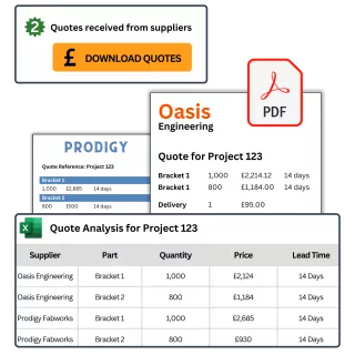 Qimtek platform showing supplier quotes with PDF and spreadsheet downloads for easy quote comparison