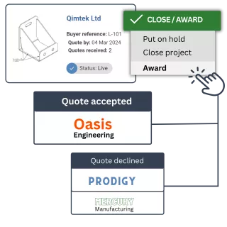 Qimtek platform showing a project being awarded to a supplier after comparing and accepting quotes
