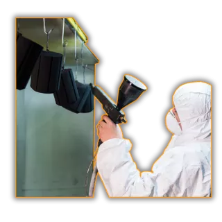 This is an image of a lady powder coating components hanging in a powder coating booth - A typical service provided by Qimtek members
