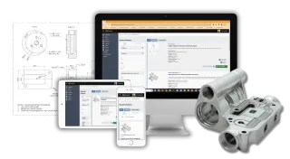 Qimtek manufacturing sourcing platform shown across desktop, tablet, and mobile devices with technical drawings and a machined metal component
