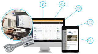 Qimtek manufacturing sourcing platform shown across desktop and tablet devices, with live project leads, performance icons, and a machined metal component