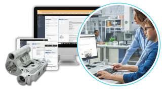 Qimtek manufacturing sourcing platform shown across desktop and mobile devices, with engineers reviewing custom part drawings