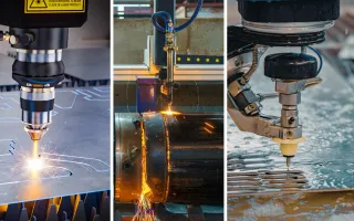 Comparison of metal cutting processes showing laser cutting, plasma cutting, and waterjet cutting in industrial use.