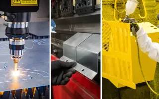 Three-stage metal fabrication process showing plasma cutting steel sheet, press brake bending, and powder coating of a finished metal enclosure.