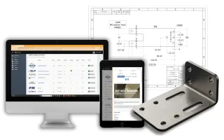 Qimtek online laser cutting service shown on desktop and tablet screens alongside a technical CAD drawing and finished laser cut metal bracket, illustrating custom laser cutting and online laser cutting quotes.