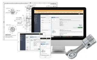 Qimtek online manufacturing marketplace platform displayed on desktop, tablet and mobile devices with engineering drawings and precision machined piston component, connecting UK buyers with CNC machining, fabrication, and subcontract manufacturing suppliers.