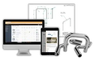 Qimtek sourcing platform shown alongside tube drawings and laser cut tube parts, illustrating online RFQ submission for tube laser cutting services