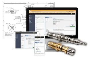 A promotional image showing sliding head turned stainless steel and brass components placed in front of a laptop, tablet, and smartphone displaying a manufacturing RFQ platform interface. Detailed engineering drawings form the background, illustrating technical specifications, while the precision-turned parts are positioned prominently in the foreground.