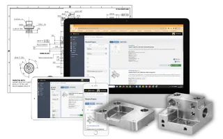 Computer monitor, tablet and smartphone displaying the Qimtek platform in front of an engineering drawing, with two stainless steel CNC-milled components positioned in the bottom right foreground.