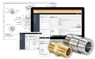 Laptop, tablet and smartphone displaying the Qimtek platform in front of engineering drawings, alongside brass and stainless steel CNC turned components on a white background.