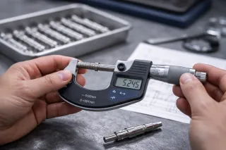Close-up of a precision sliding head turned shaft being measured with a digital micrometer on a workshop bench, with additional small machined components and inspection equipment blurred in the background.