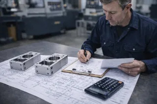 A middle-aged man in a navy work shirt sits at a workbench in a machine shop, reviewing technical drawings and writing notes on a clipboard. Three identical CNC milled aluminium blocks with large circular pockets and drilled holes are placed on top of detailed engineering blueprints beside him. A calculator rests on the papers, and industrial machinery is softly blurred in the background.