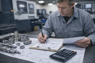 A middle-aged man wearing a light grey work shirt sits at a bench in a modern machine shop, reviewing technical drawings and writing notes on a clipboard. Precision sliding head turned stainless steel components, including long slender shafts and small threaded fittings, are arranged on detailed blueprints beside him. A calculator rests on the papers, and CNC machinery is softly blurred in the background.