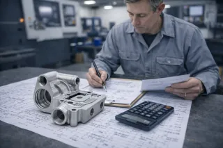 Engineer reviewing drawings beside a complex multi-axis CNC machined aluminium component in a modern machine shop.