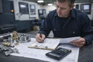 Middle-aged estimator in a navy work shirt reviewing engineering drawings on a clipboard in a machine shop, with machined metal parts, blueprints, and a calculator on a workbench, industrial equipment blurred in the background.