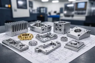 A selection of precision CNC milled metal parts arranged on top of detailed engineering drawings in a modern machine shop. The components include aluminium and steel blocks with pockets, holes, slots, and complex machined features, neatly displayed on a workbench with blurred industrial machinery in the background.