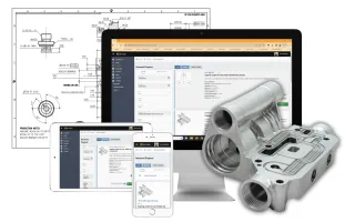 Multi-axis CNC machined aluminium component displayed beside a laptop, tablet and phone showing an RFQ platform, over engineering drawings background.