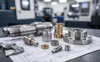 CNC turned components on engineering drawings with blurred CNC machines in a UK machine shop – precision machining by Qimtek suppliers