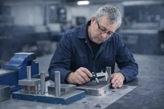 Toolmaker using digital calipers to measure a metal component on a workbench in a modern machine shop.