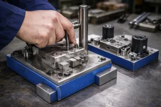 Close-up of a toolmaker adjusting a steel press tool with a hex key on a blue base in a workshop.