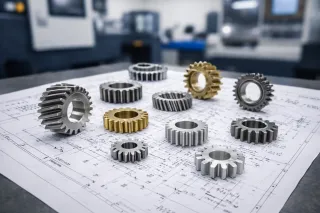 Steel, brass and aluminium gear cut components arranged on engineering drawings in a machine shop with blurred machinery in the background.