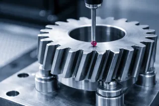CMM probe inspecting a precision steel spur gear tooth during quality control in a modern workshop.