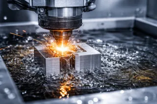 EDM spark erosion process cutting a steel block under dielectric fluid, with bright sparks visible during machining.