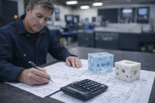 Engineer reviewing technical drawings at a workbench with two machined plastic components and a calculator, blurred machine shop in background.