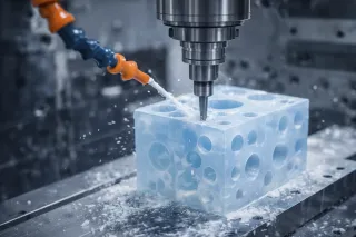CNC milling machine cutting a translucent plastic block with coolant spray and plastic swarf visible, close-up in a modern workshop.