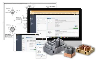 Laptop, tablet and smartphone displaying an RFQ platform interface with EDM spark eroded steel and copper components in front, set against engineering drawings background.