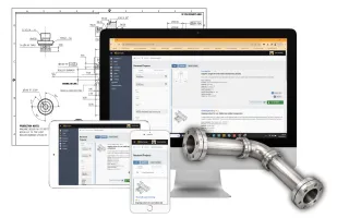 Qimtek RFQ dashboard shown across desktop, tablet and mobile screens with a stainless steel pipework assembly in front and an engineering drawing in the background.
