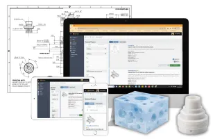 Laptop, tablet and smartphone displaying the Qimtek RFQ platform interface, with plastic milled and turned components in front of engineering drawings background.