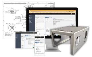 Engineering drawing, Qimtek quote platform shown across desktop and mobile screens, and a fabricated sheet metal enclosure component in the foreground.
