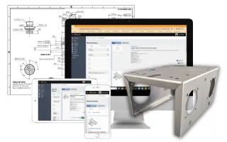 Engineering drawing, Qimtek quote platform shown across desktop and mobile screens, and a fabricated sheet metal enclosure component in the foreground.